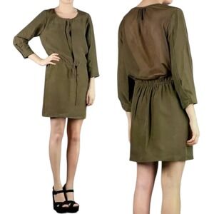Edun Olive Green Silk Irish Mini Dress Mesh Back Long Sleeve Sz M Casual